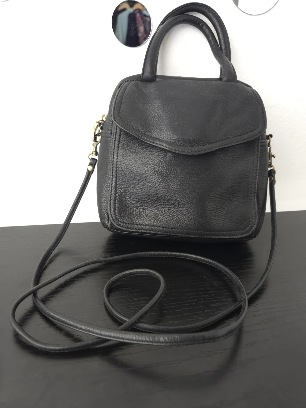 Fossil Classic Vintage Black Pebbled Leather Top-Handle Crossbody Bag Made USA